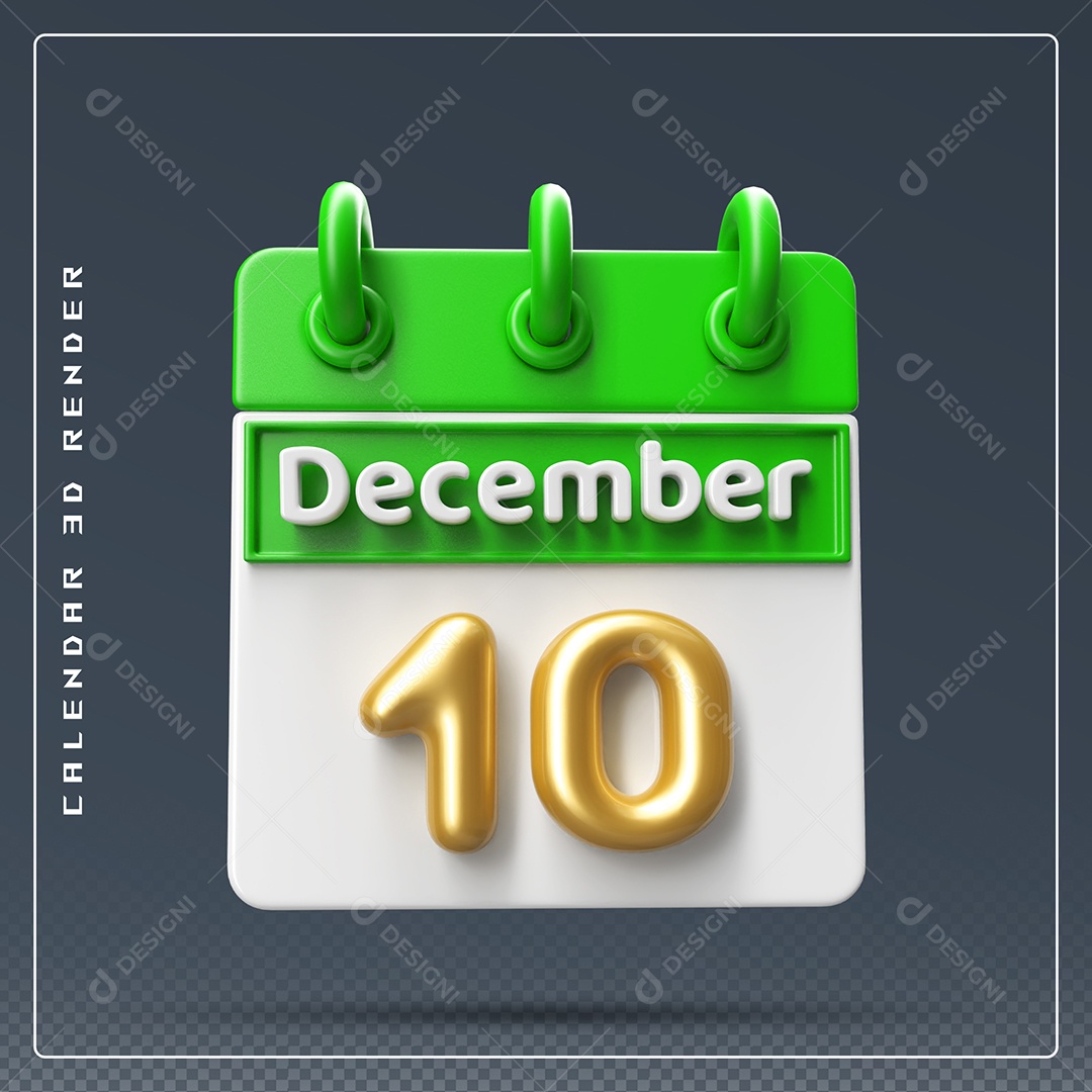 Calendário Do mês De Dezembro Dia 010 Elemento 3D Verde Dourado E Branco Para Composição PSD