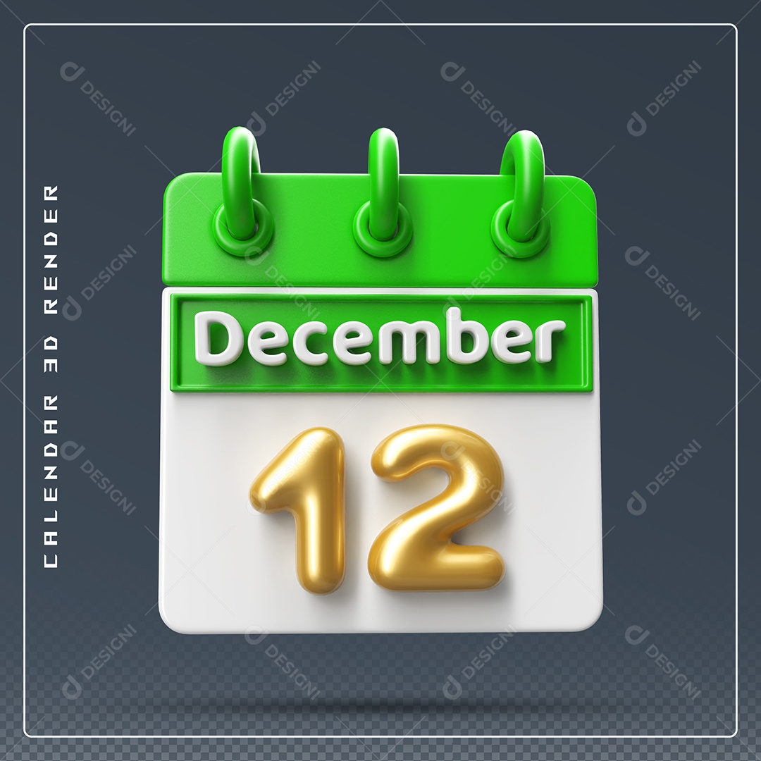 Calendário Do mês De Dezembro Dia 12 Elemento 3D Verde Dourado E Branco Para Composição PSD