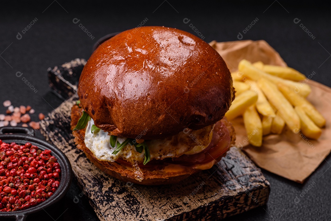 A imagem mostra um prato com um cachorro-quente e um hambúrguer, ambos servidos com batatas fritas e tomates cereja
