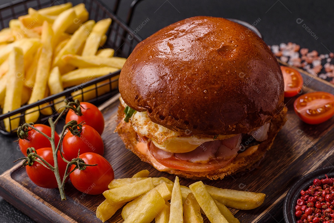 A imagem mostra um prato com um cachorro-quente e um hambúrguer, ambos servidos com batatas fritas e tomates cereja