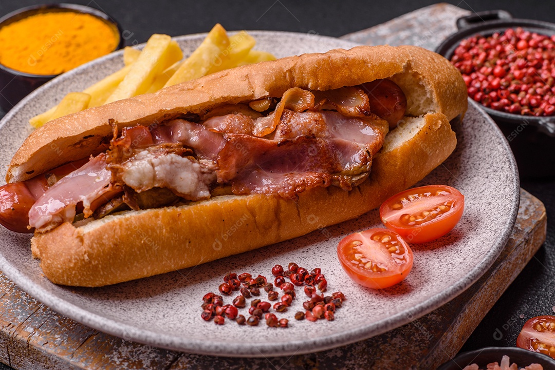 A imagem mostra um cachorro-quente prensado servido com batatas fritas