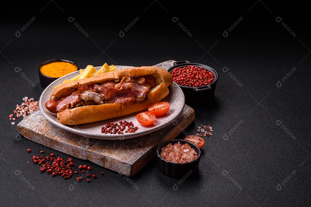 A imagem mostra um cachorro-quente prensado servido com batatas fritas