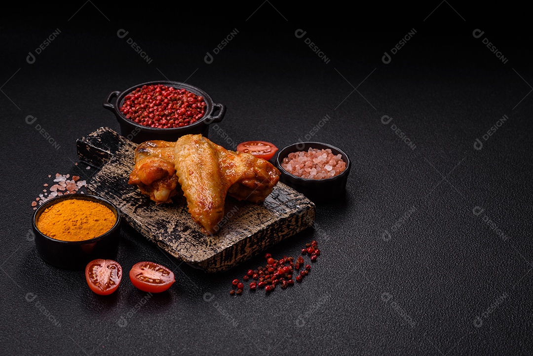 A imagem mostra pedaços de frango frito ou assado, possivelmente asas ou coxas da asa, servidos como aperitivo ou refeição