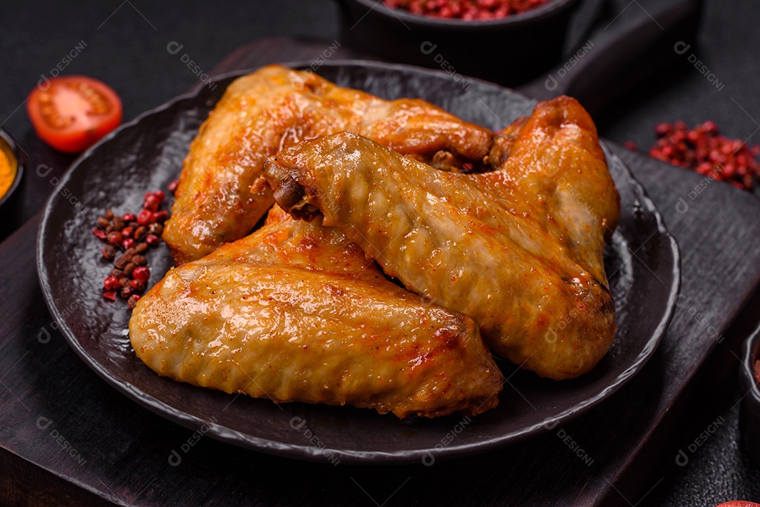 A imagem mostra pedaços de frango frito ou assado, possivelmente asas ou coxas da asa, servidos como aperitivo ou refeição