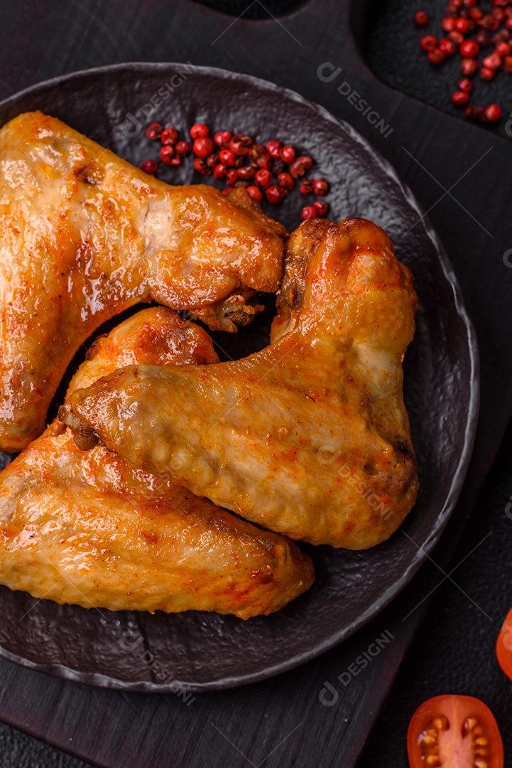 A imagem mostra pedaços de frango frito ou assado, possivelmente asas ou coxas da asa, servidos como aperitivo ou refeição