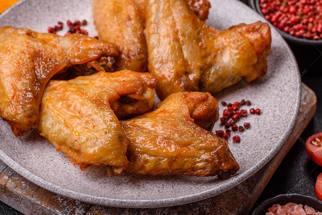 A imagem mostra pedaços de frango frito ou assado, possivelmente asas ou coxas da asa, servidos como aperitivo ou refeição