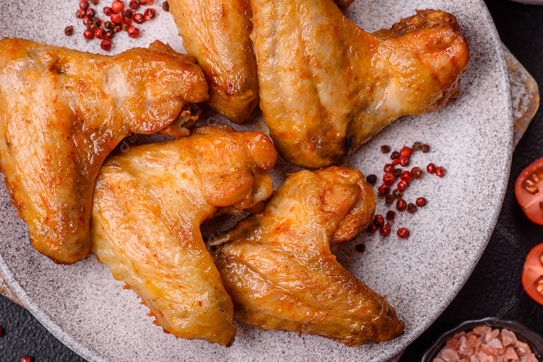 A imagem mostra pedaços de frango frito ou assado, possivelmente asas ou coxas da asa, servidos como aperitivo ou refeição