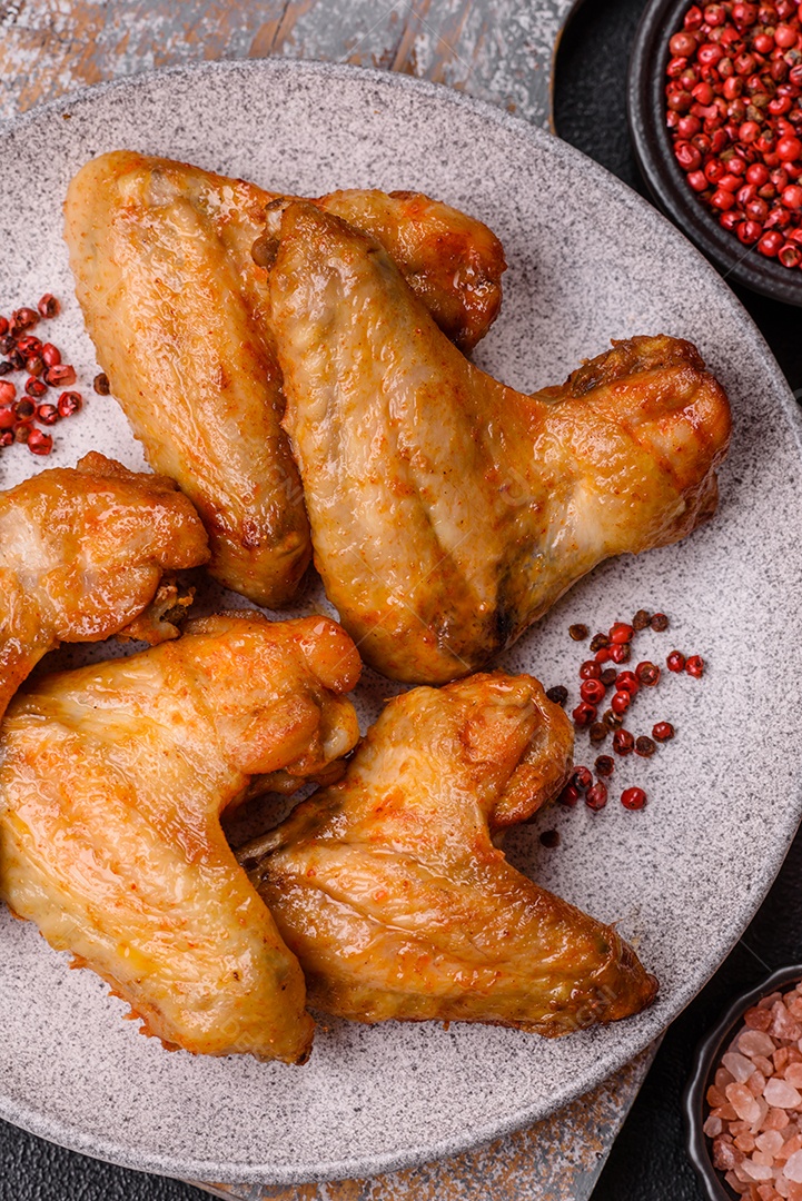 A imagem mostra pedaços de frango frito ou assado, possivelmente asas ou coxas da asa, servidos como aperitivo ou refeição