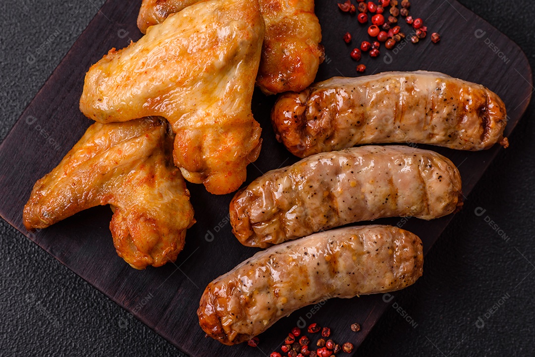 Três linguiças salsichas grelhadas são apresentadas em um prato, com temperos e tomates-cereja cortados.