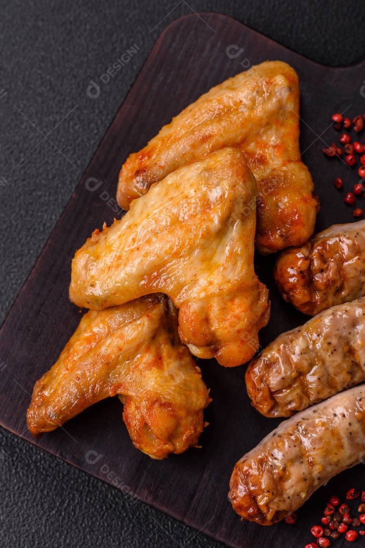 Três linguiças salsichas grelhadas são apresentadas em um prato, com temperos e tomates-cereja cortados.