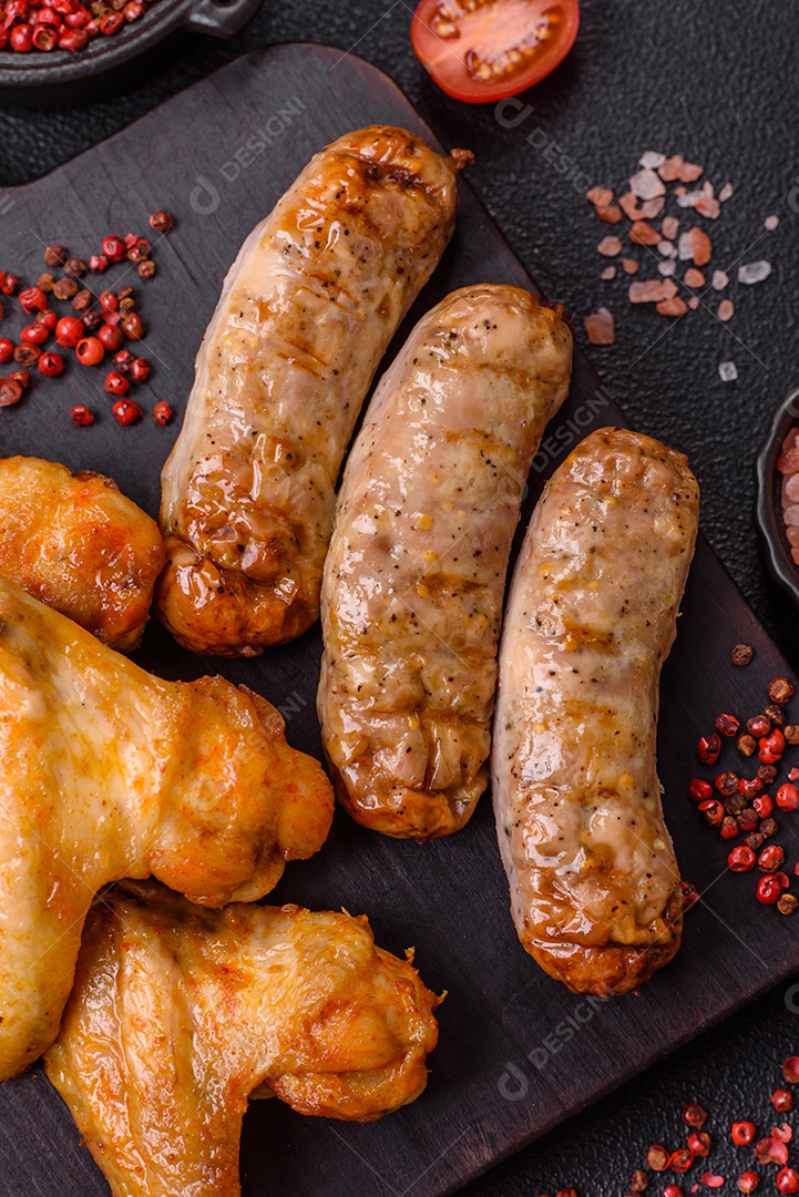 Três linguiças ou salsichas grelhadas são apresentadas em um prato, com temperos e tomates-cereja cortados.