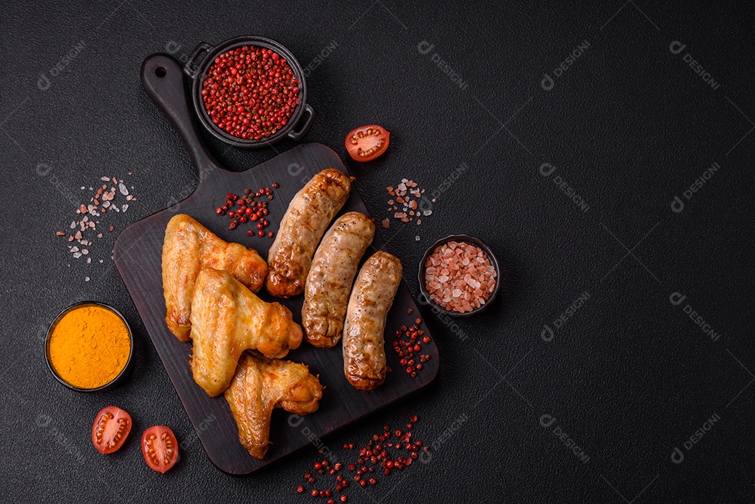 Três linguiças ou salsichas grelhadas são apresentadas em um prato, com temperos e tomates-cereja cortados.