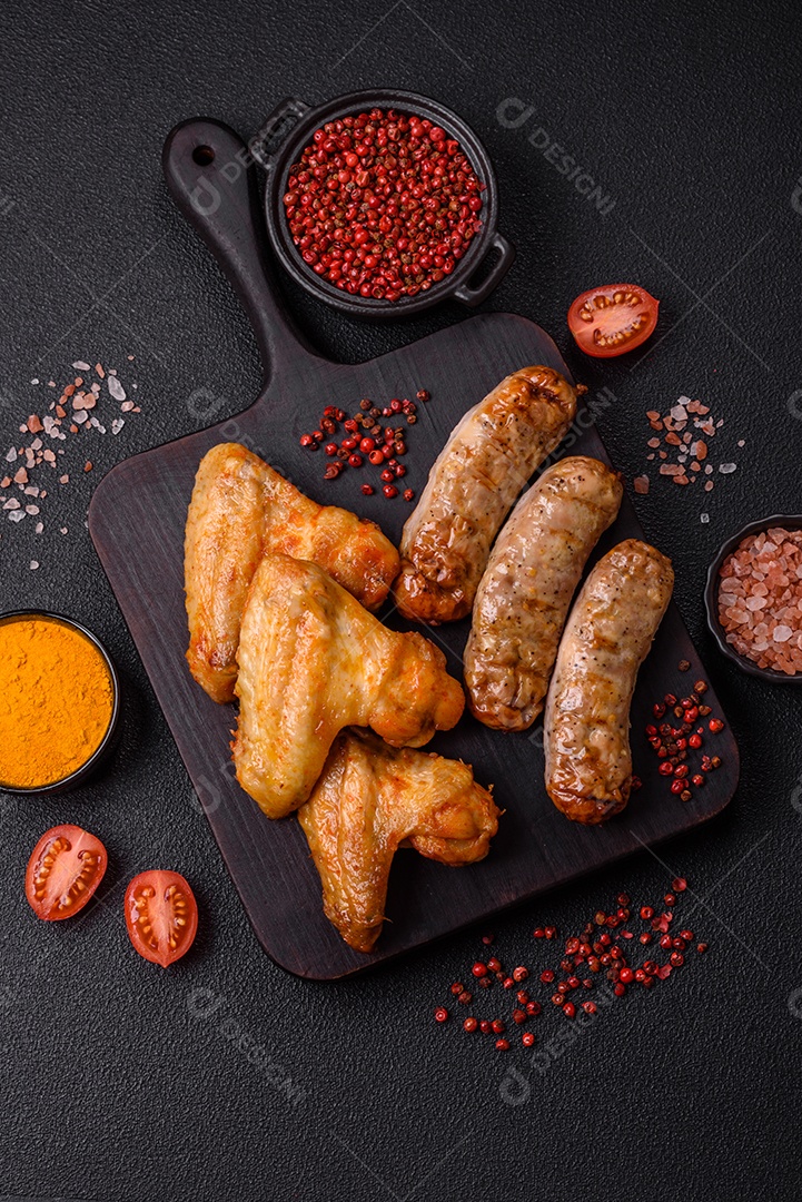 Três linguiças ou salsichas grelhadas são apresentadas em um prato, com temperos e tomates-cereja cortados.