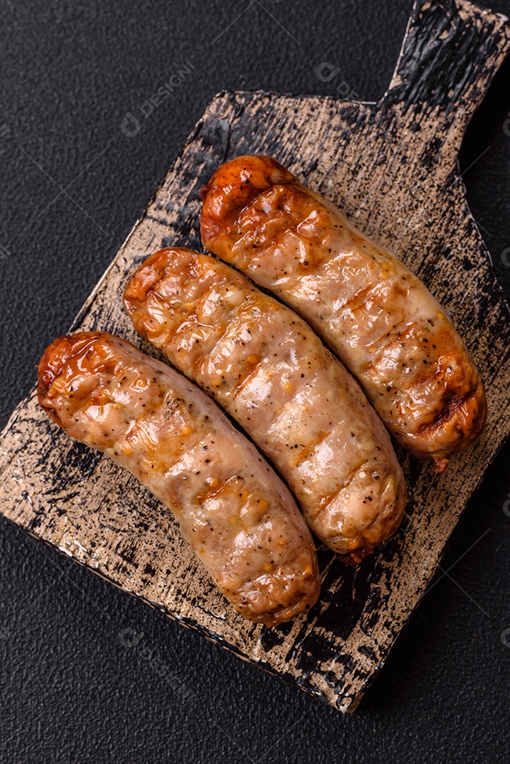 Três linguiças ou salsichas grelhadas são apresentadas em um prato, com temperos e tomates-cereja cortados.