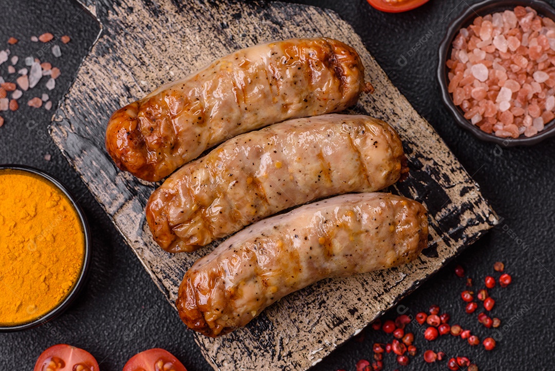 Três linguiças ou salsichas grelhadas são apresentadas em um prato, com temperos e tomates-cereja cortados.