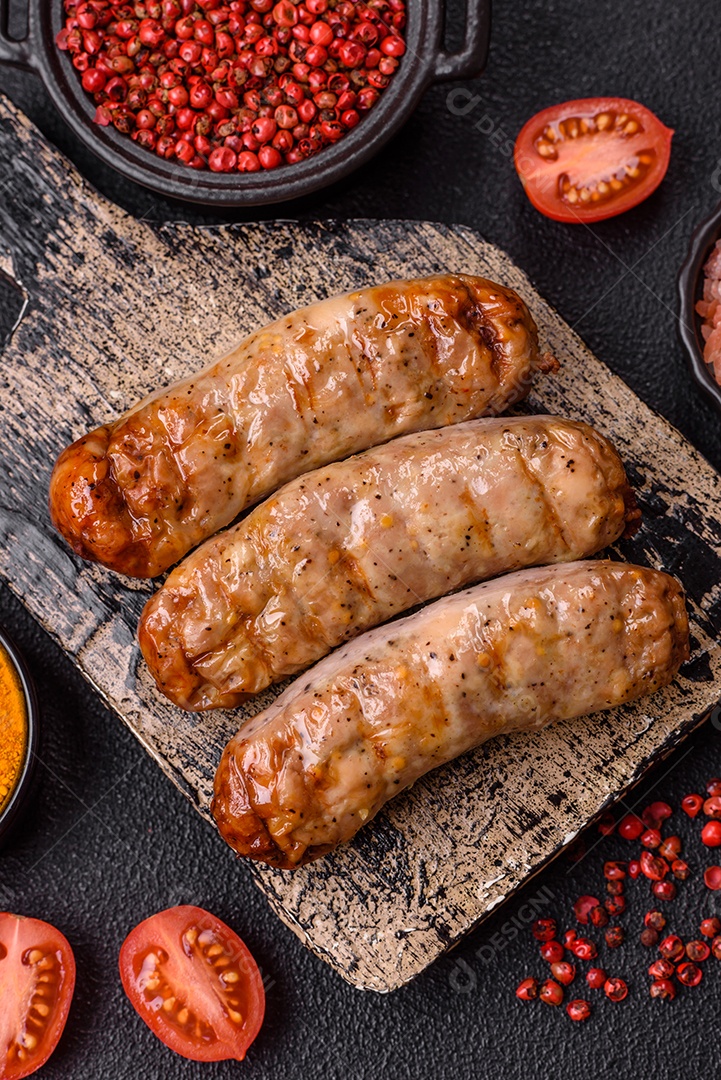 Três linguiças ou salsichas grelhadas são apresentadas em um prato, com temperos e tomates-cereja cortados.