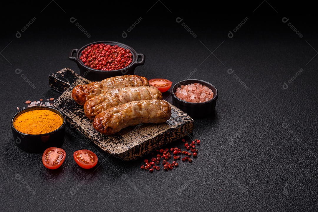 Três linguiças ou salsichas grelhadas são apresentadas em um prato, com temperos e tomates-cereja cortados.