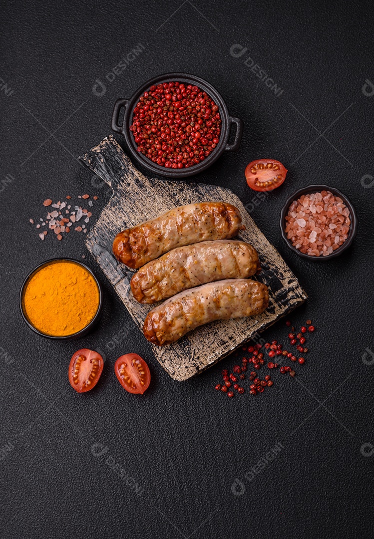 Três linguiças ou salsichas grelhadas são apresentadas em um prato, com temperos e tomates-cereja cortados.