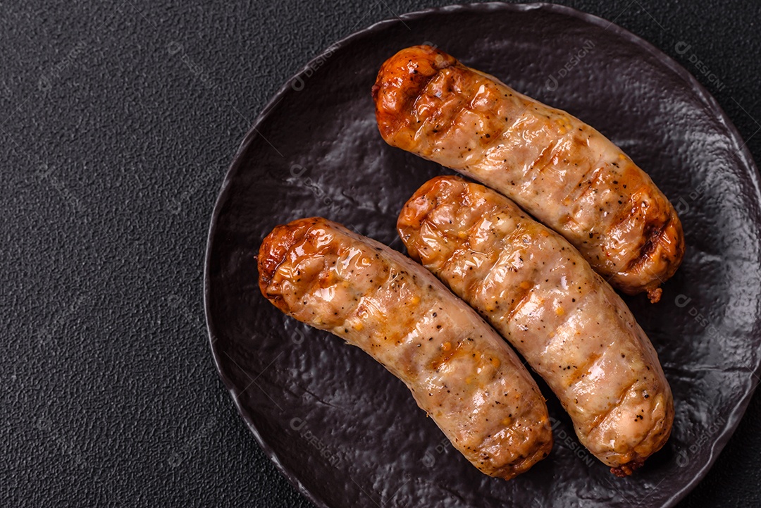 Três linguiças ou salsichas grelhadas são apresentadas em um prato, com temperos e tomates-cereja cortados.