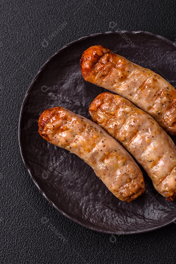 Três linguiças ou salsichas grelhadas são apresentadas em um prato, com temperos e tomates-cereja cortados.