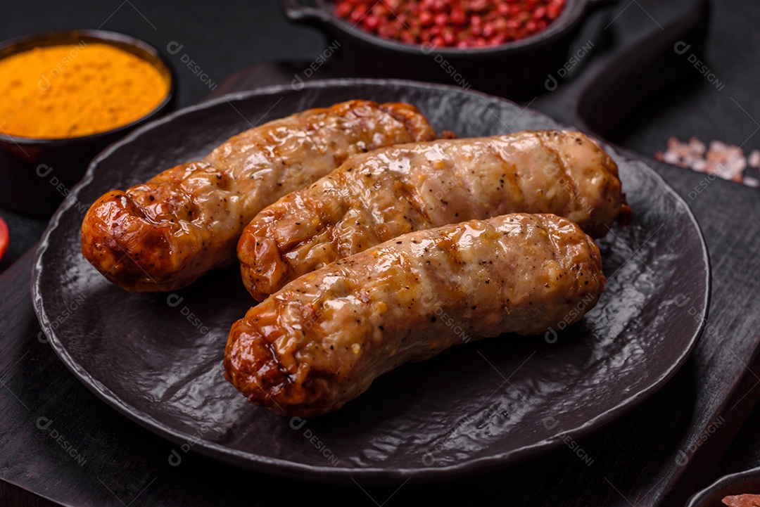 Três linguiças ou salsichas grelhadas são apresentadas em um prato, com temperos e tomates-cereja cortados.