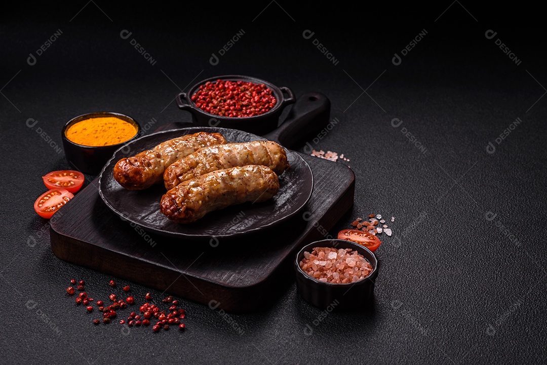 Três linguiças ou salsichas grelhadas são apresentadas em um prato, com temperos e tomates-cereja cortados.