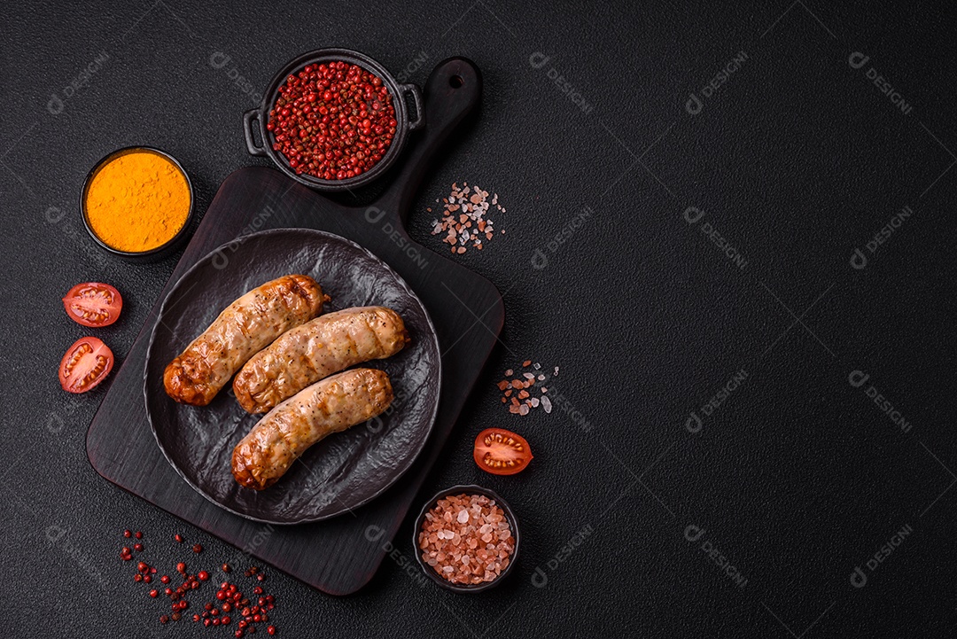 Três linguiças ou salsichas grelhadas são apresentadas em um prato, com temperos e tomates-cereja cortados.