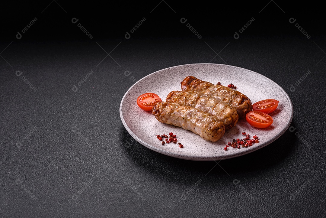 Três linguiças ou salsichas grelhadas são apresentadas em um prato, com temperos e tomates-cereja cortados.