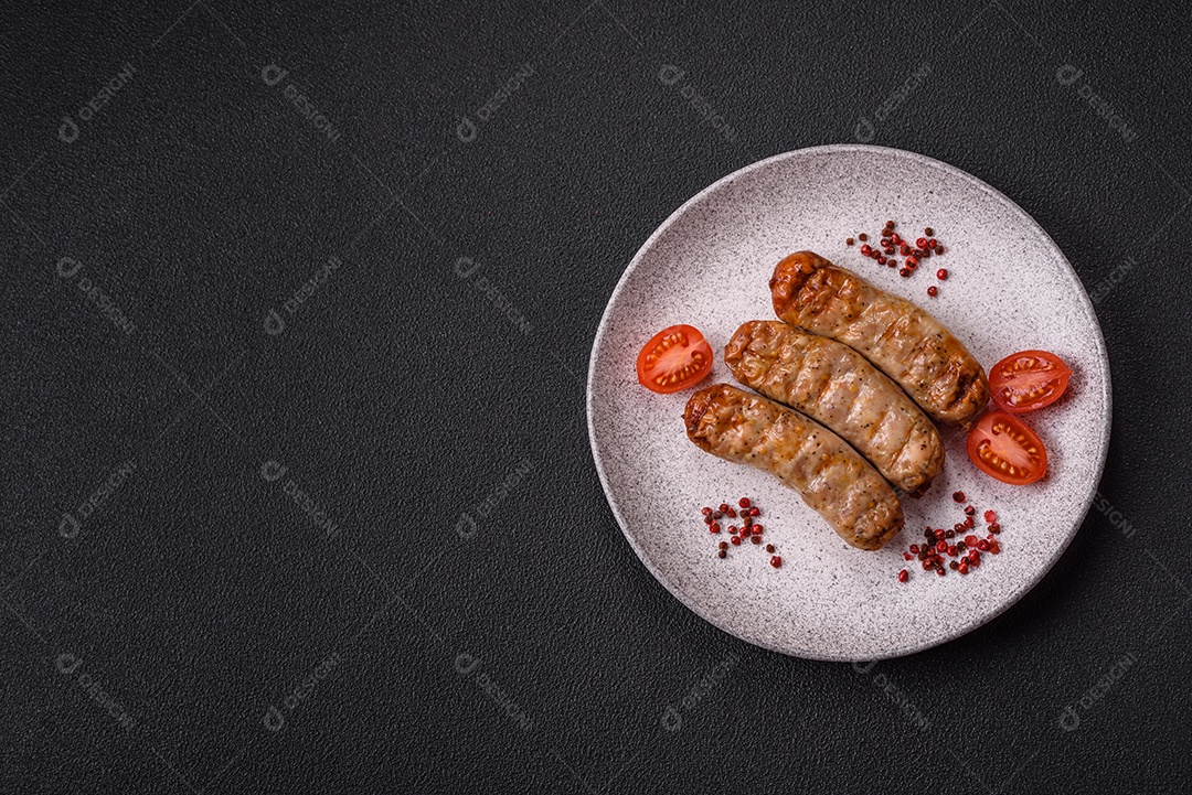 Três linguiças ou salsichas grelhadas são apresentadas em um prato, com temperos e tomates-cereja cortados.