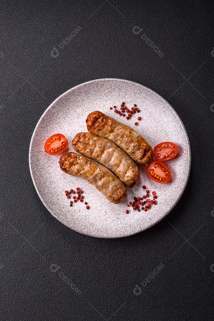 Três linguiças ou salsichas grelhadas são apresentadas em um prato, com temperos e tomates-cereja cortados.