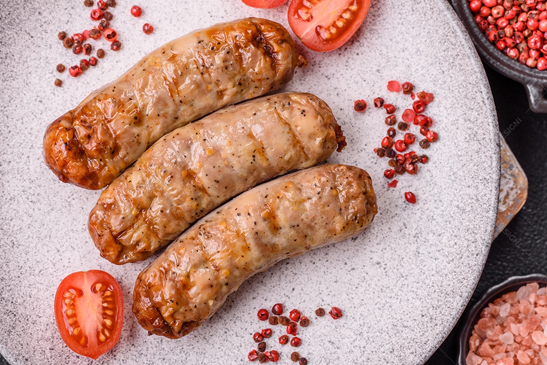 Três linguiças ou salsichas grelhadas são apresentadas em um prato, com temperos e tomates-cereja cortados.