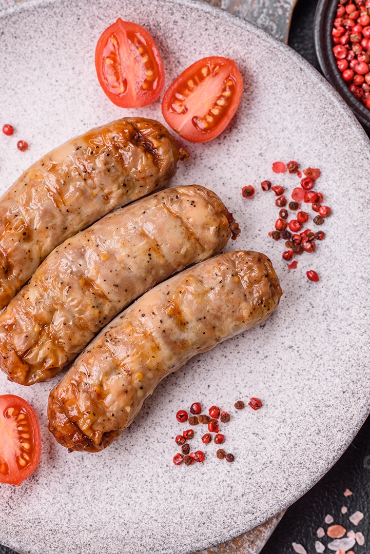 Três linguiças ou salsichas grelhadas são apresentadas em um prato, com temperos e tomates-cereja cortados.