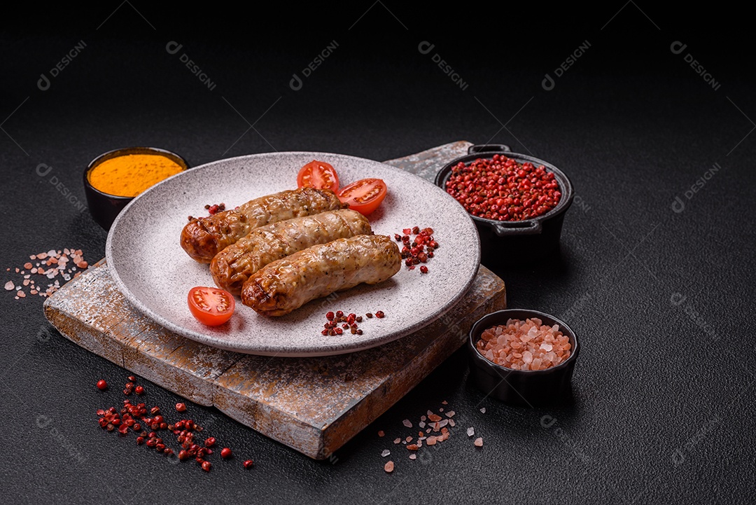 Três linguiças ou salsichas grelhadas são apresentadas em um prato, com temperos e tomates-cereja cortados.