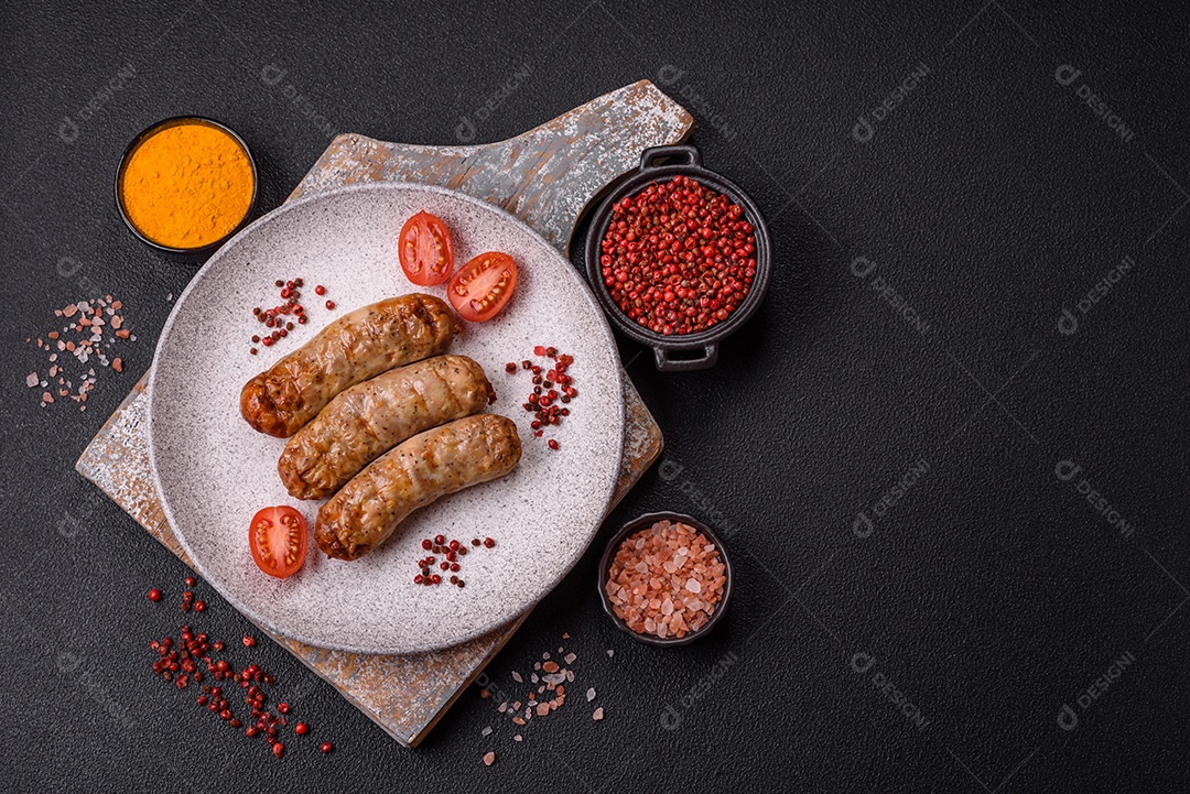 Três linguiças ou salsichas grelhadas são apresentadas em um prato, com temperos e tomates-cereja cortados.