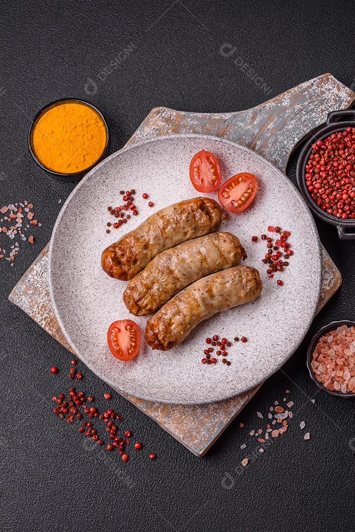 Três linguiças ou salsichas grelhadas são apresentadas em um prato, com temperos e tomates-cereja cortados.