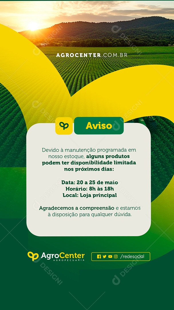 Story Agropecuária Aviso Manutenção Programada em Nosso Estoque Social Media PSD Editável