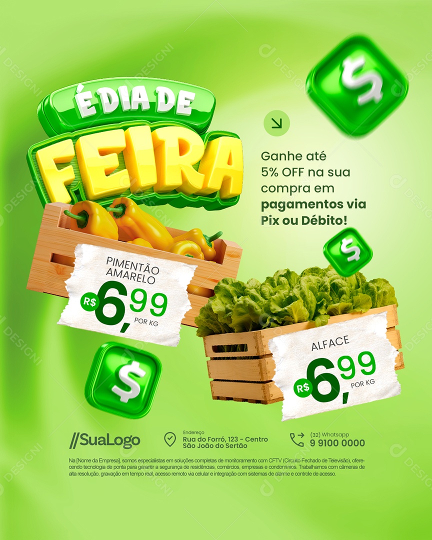 Hortifruti é Dia de Feira Pimentão Amarelo Alface Social Media PSD Editável