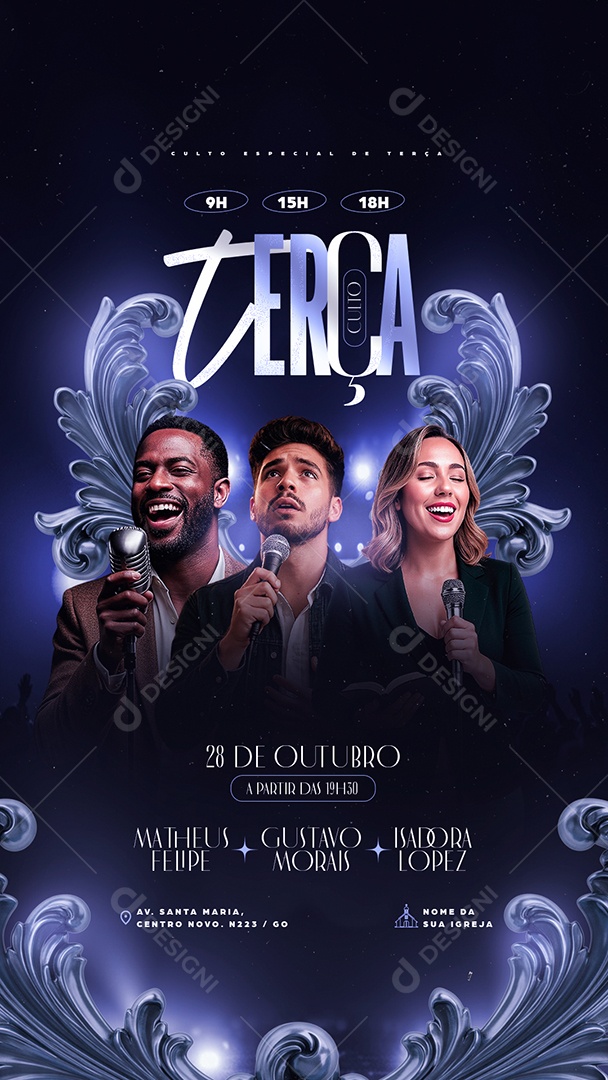 Story Flyer Gospel Culto Terça Social Media PSD Editável