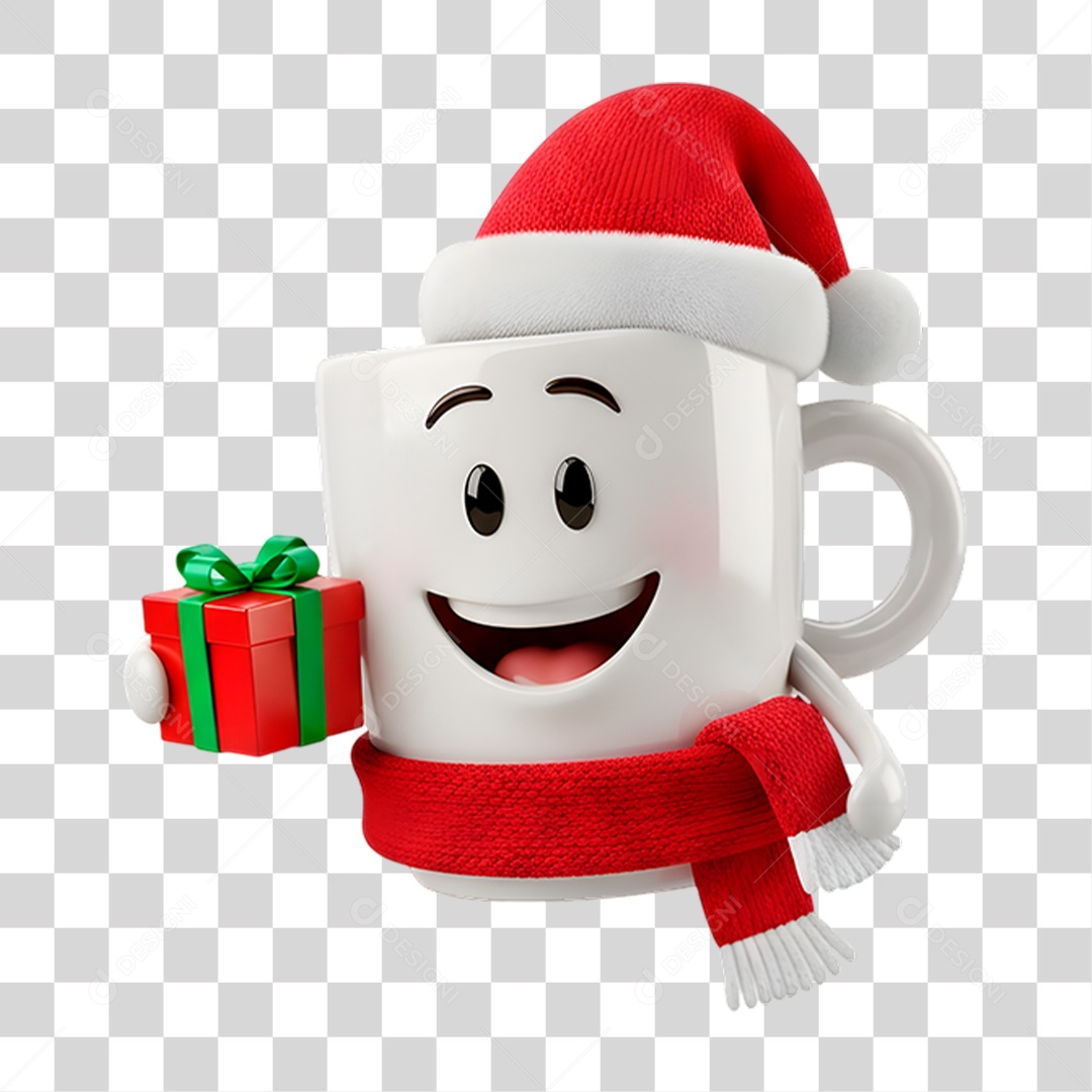 Mascote 3D Caneca com Chapéu de Papai Noel PNG Transparente