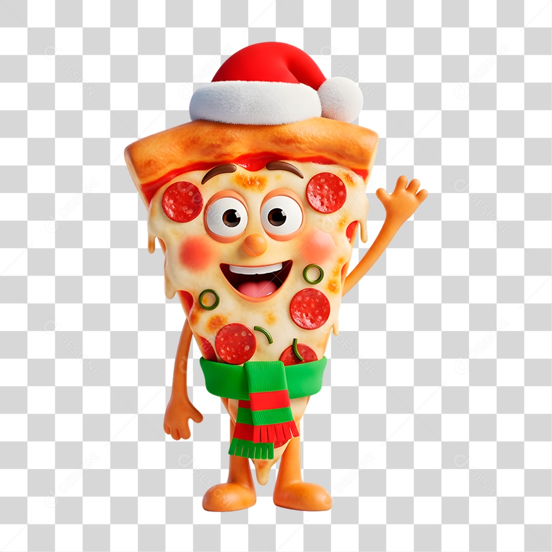Personagem 3D Fatia de Pizza com Gorro do Papai Noel PNG Transparente