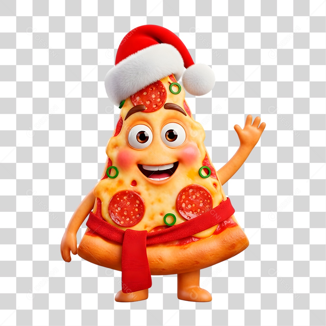 Personagem 3D Fatia de Pizza com Gorro do Papai Noel PNG Transparente
