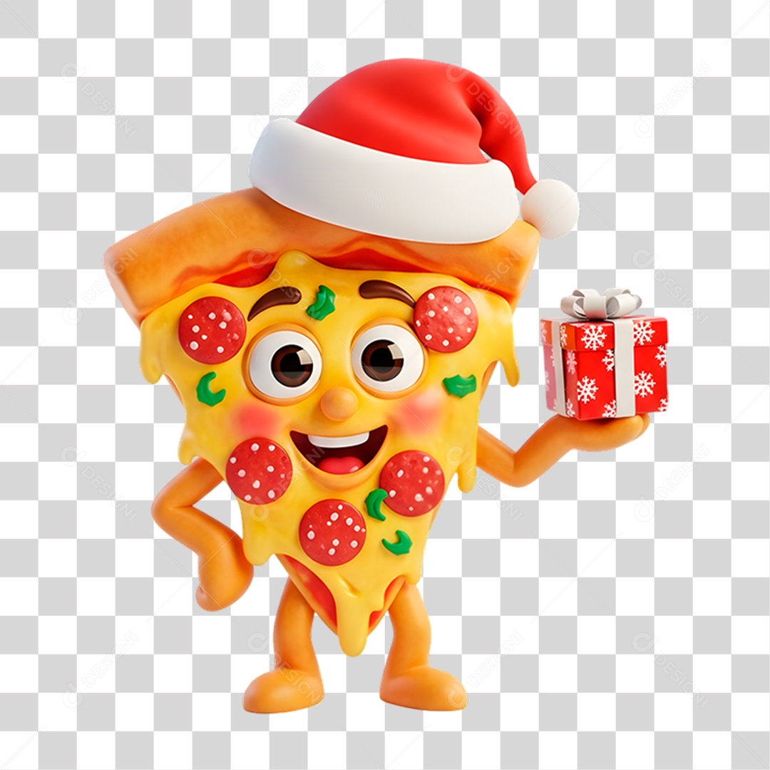 Personagem 3D Fatia de Pizza com Gorro do Papai Noel PNG Transparente