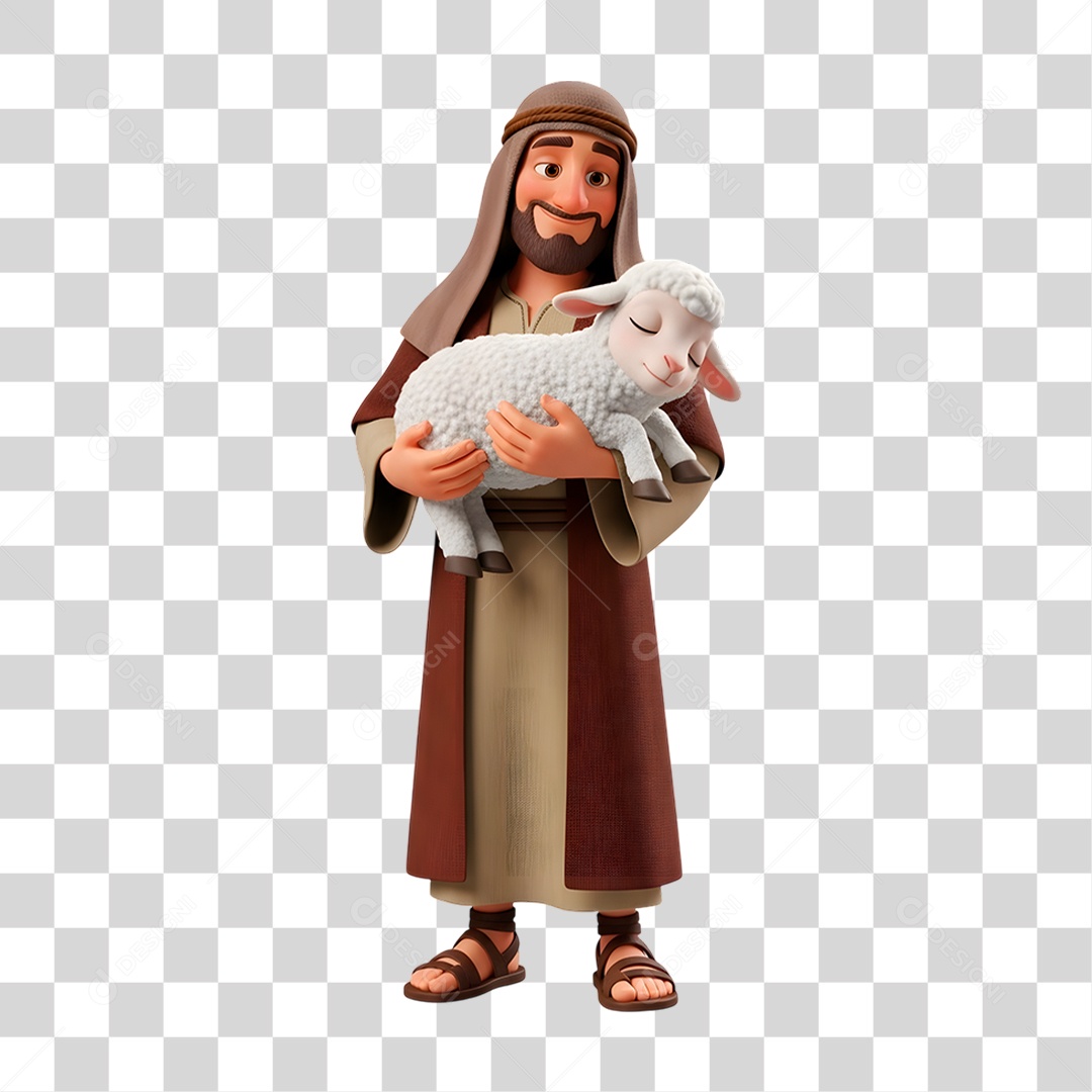 Personagem 3D Pastor com Ovelha no Colo PNG Transparente