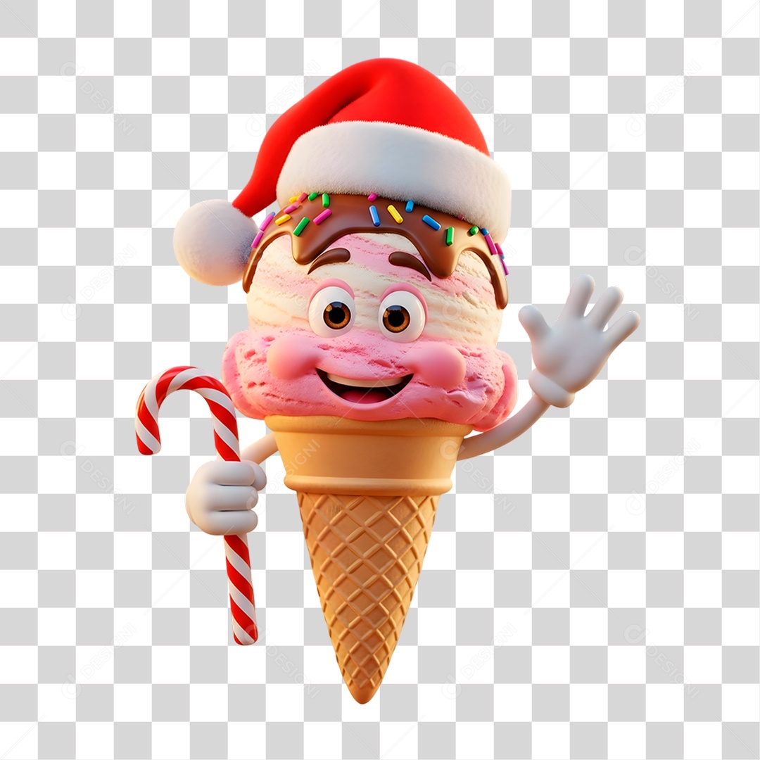 Mascote 3D Sorvete com Chapéu do Papai Noel PNG Transparente