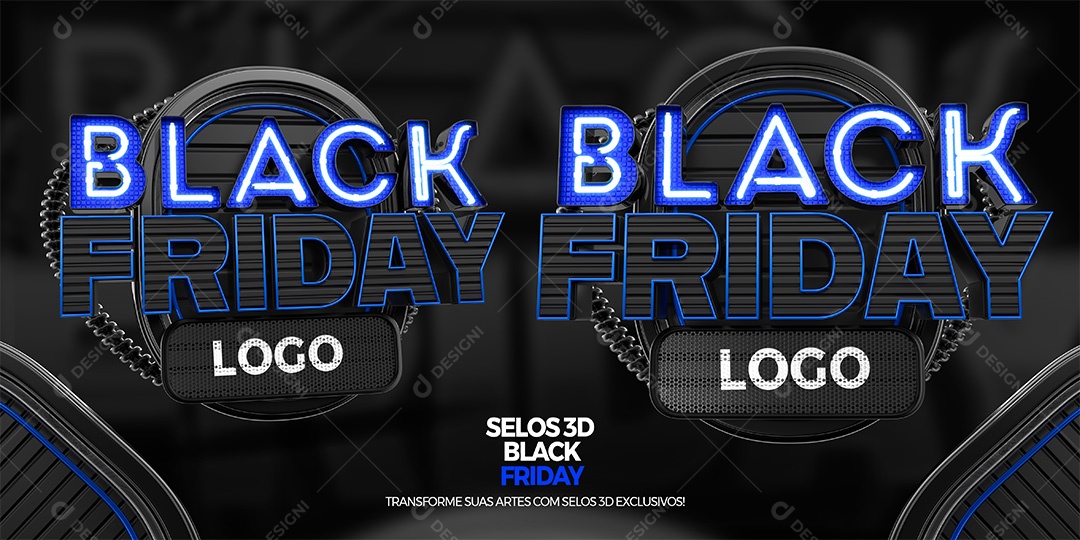 Black Friday Selo 3D Com Luz Neon Azul para Composição PSD