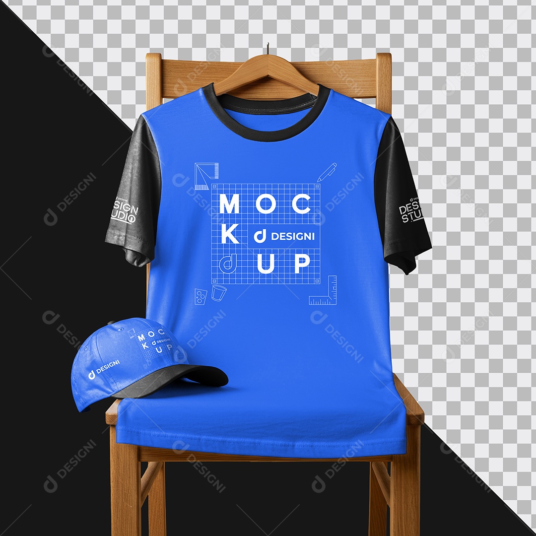 Mockup Camiseta e Boné na Cadeira PSD Editável