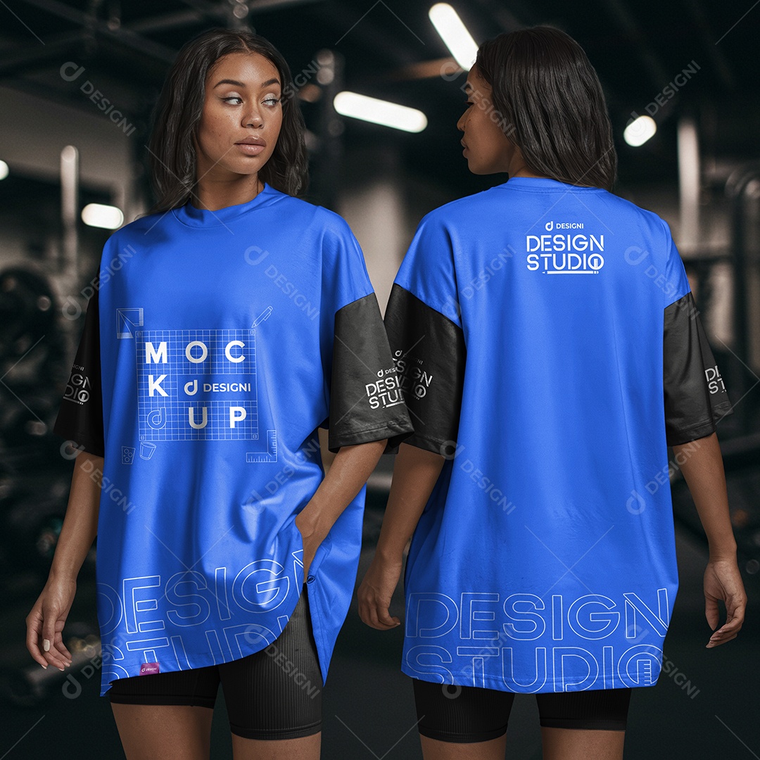 Mockup Camiseta Oversized Feminina na Academia PSD Editável