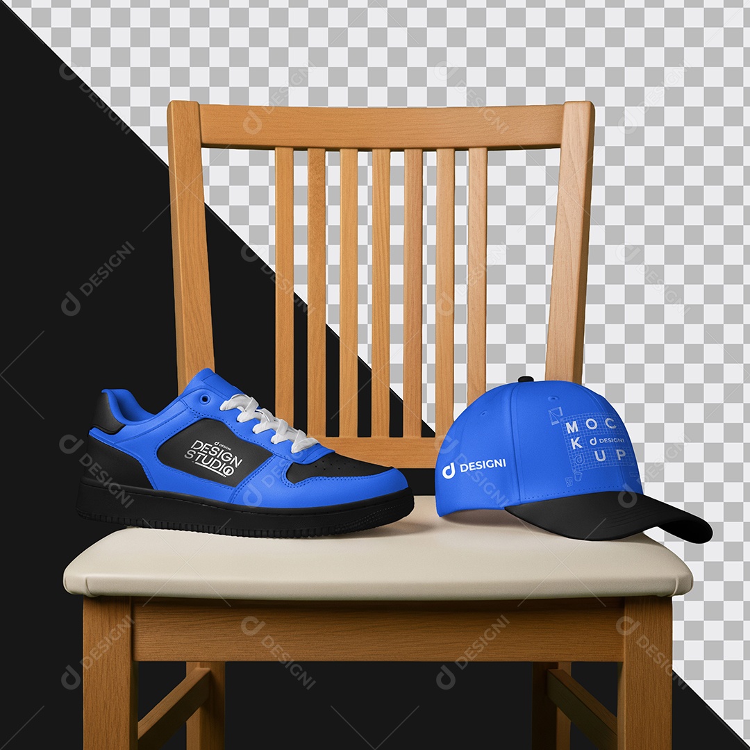 Mockup Tênis e Boné na Cadeira PSD Editável