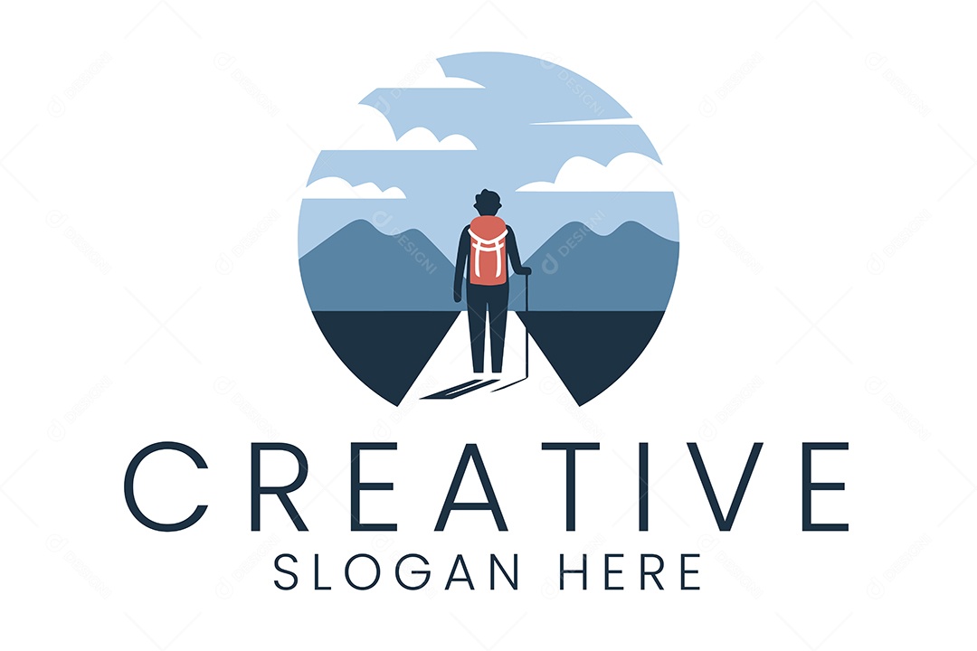Logotipo de Aventureiro Caminhando na Montanha Ilustração Vetor EPS + AI Editável