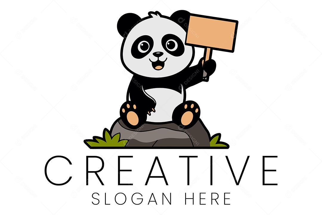 Logo de Animal Panda Segurando Placa Ilustração Vetor EPS + AI Editável
